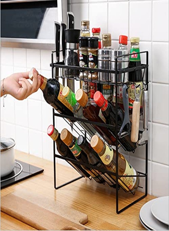 IKTU 3-Tier Seasoning Organizer Storage Counter Shelf/Rack with 2 Hooks for Large/Small Spice Jars Condiment Can Sauce Bottle (Black) - Image 1